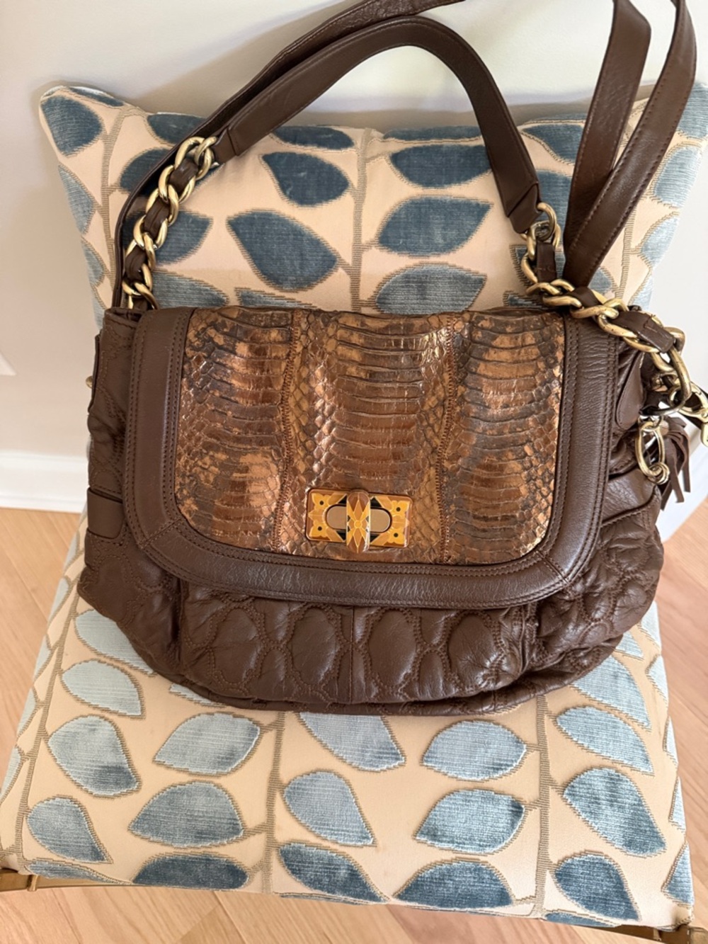Brown Leather Shoulder Bag with Textured Snakeskin Flap and Gold-Tone Hardware
